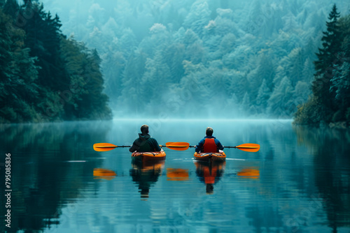 Kayaking couple on misty lake, serene adventure and connection with nature