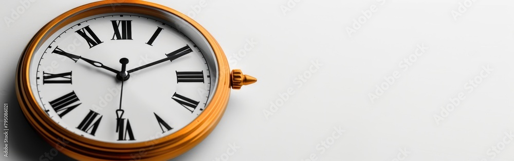 Detailed view of a clock with Roman numerals on a monochromatic wall Detailed view of a clock with Roman numerals on a monochromatic wall