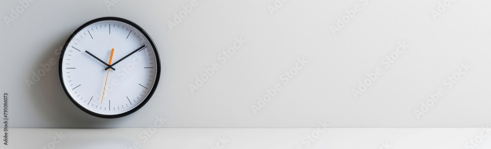 A monochromatic clock hanging on a white wall, displaying the time in classic black and white A monochromatic clock hanging on a white wall, displaying the time in classic black and white