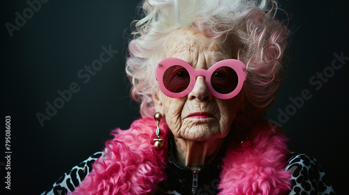 A photograph of an old woman wearing pink sunglasses and  dressed in modern fashion attire against a black background  posted