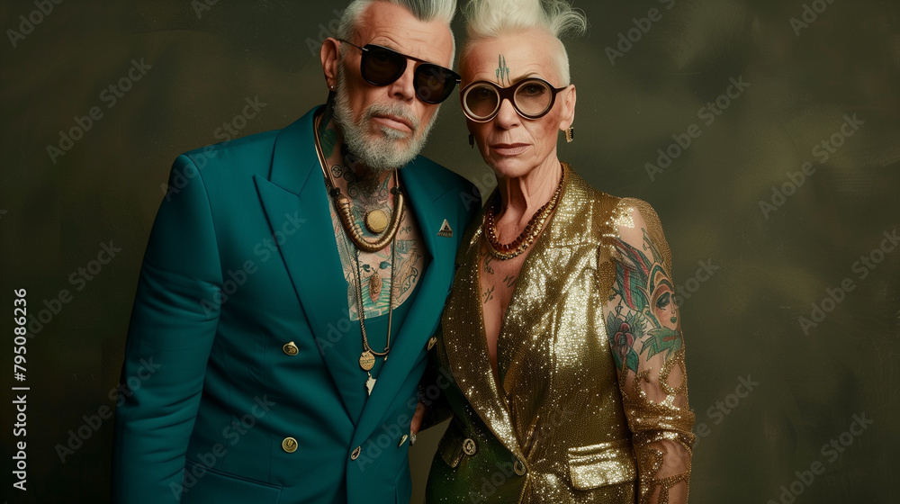 Fototapeta premium A mature couple with sunglasses and tattoos in the style of haute couture, teal colors, golden details. The man has short gray hair and a stubble beard. The woman is older wearing a lace dress