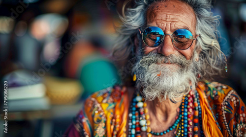 An old hippie smile man, with gray hair and beard, wearing sunglasses and colorful , with many necklaces around his chest in the style of Indian style.