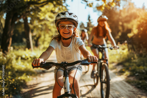 Joyful family biking in park with children laughing and having fun