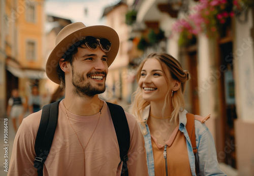 Young couple joyfully explores city streets on vacation, man in hat smiles beside his girlfriend in an old town. They're happy, discovering new places together. photo