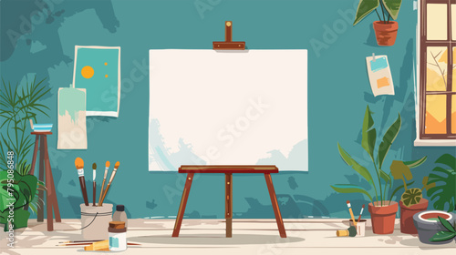 Wooden easel with blank canvas and painting tools nea