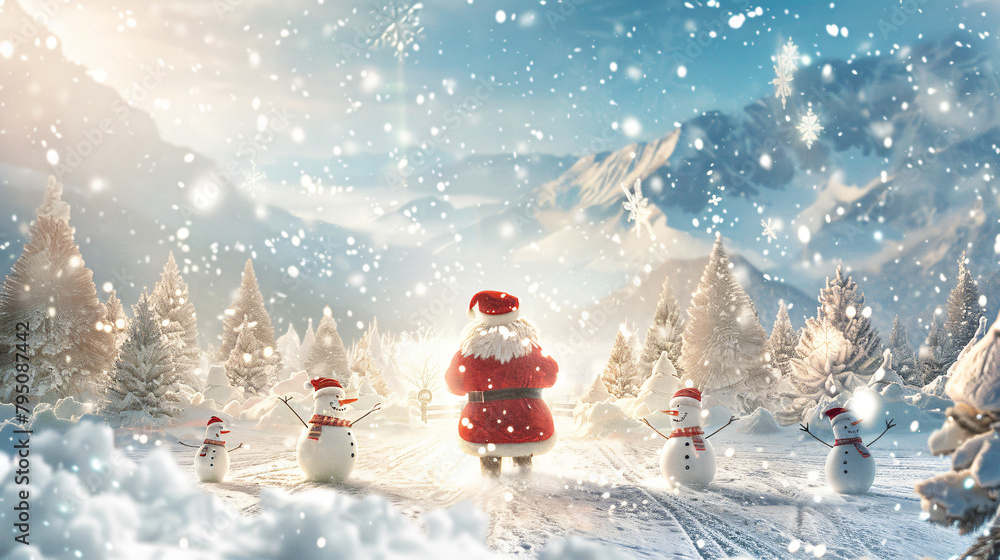 Santa claus and snowmen walking through snowy landscap