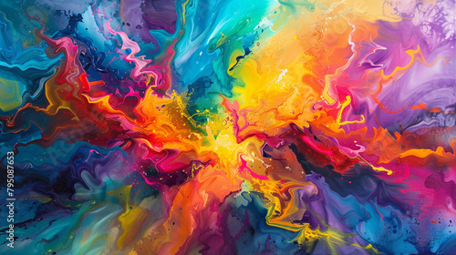 A symphony of liquid hues cascades across the canvas  creating a mesmerizing dance of vibrant abstraction.