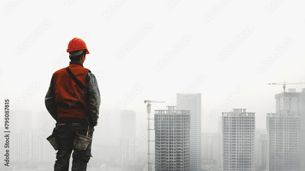 portrait of a young construction worker, donning a safety helmet, set against a white background, with glimpses of city buildings under construction in the backdrop, providing room for copy space portrait of a young construction worker, donning a safety helmet, set against a white background, with glimpses of city buildings under construction in the backdrop, providing room for copy space