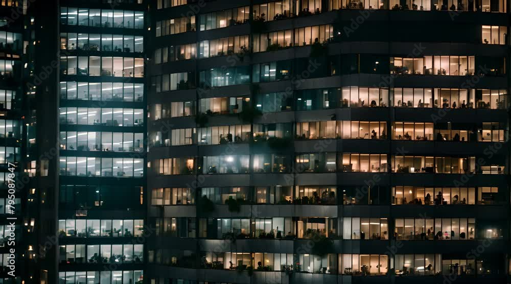 Vibrant Night View: Aerial Shot of Skyscraper Windows Illuminated by Dedicated Professionals Working Overtime
Vibrant Night View: Aerial Shot of Skyscraper Windows Illuminated by Dedicated Professionals Working Overtime