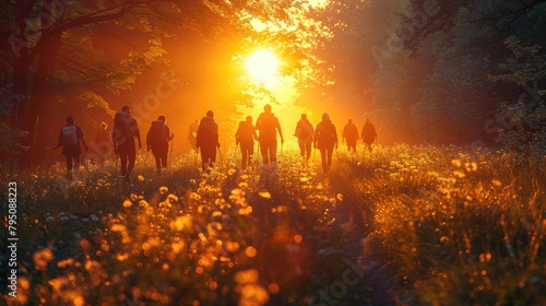 Group of Hikers Trekking Through Misty Forest at Sunrise