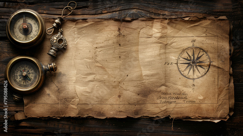 A compass and a pocket watch are on a piece of paper. The paper is old and has a vintage look photo