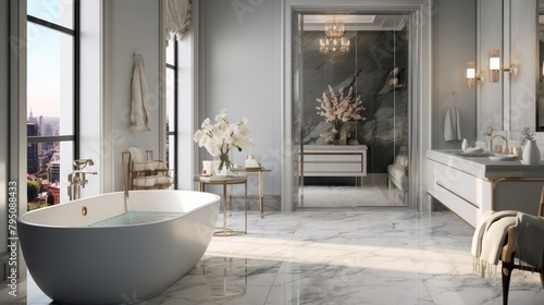 A stylish bathroom featuring a freestanding tub  a walk-in shower  and marble countertops  exuding luxury and relaxation.