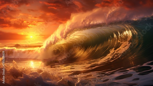 Ocean waves with rainbows forming inside them at sunset © venusvi