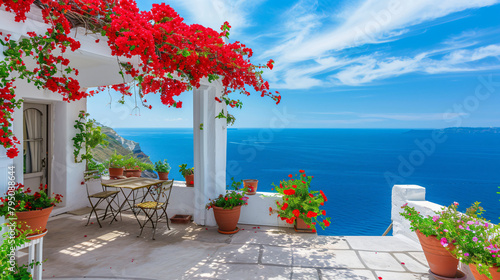 Santorini island Greece. Beautiful terrace with red fl