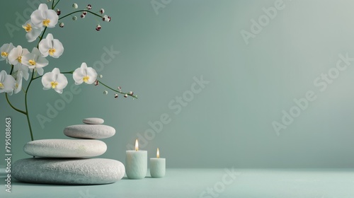 Zen Stones and Orchids with Candles on Pastel Background	
