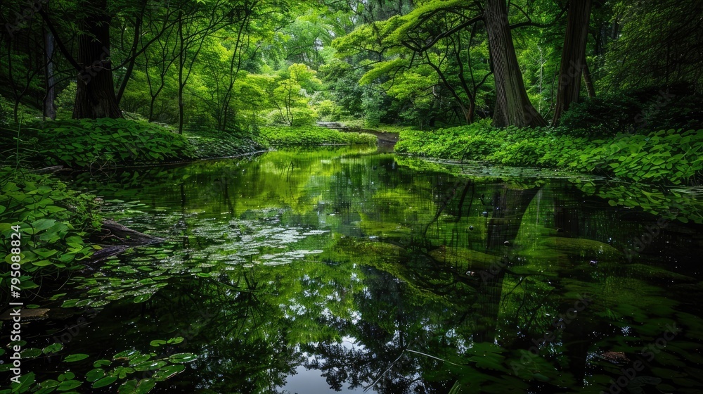 A tranquil pond surrounded by lush greenery, reflecting the calmness of a peaceful mind. A tranquil pond surrounded by lush greenery, reflecting the calmness of a peaceful mind.
