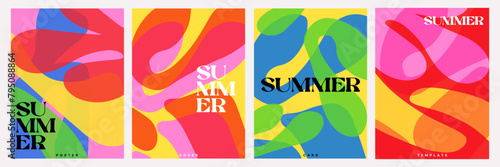 Creative concept of summer bright and juicy cards set. Modern abstract art design with liquid shapes with overlay effect. Templates for celebration, ads, branding, banner, cover, label, poster, sales