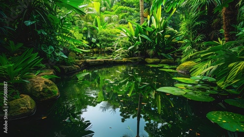 A tranquil pond surrounded by lush greenery  reflecting the calmness of a peaceful mind.