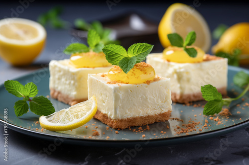 Lemon cheesecake squares with shortbread crust on a plate. Horizontal, close-up, side view. photo