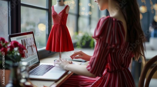 A woman is sitting at a desk with a laptop and a dress on a mannequin