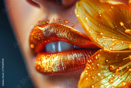 Macro female golden lips with bright orange flower petals, natural female beauty cosmetology concept