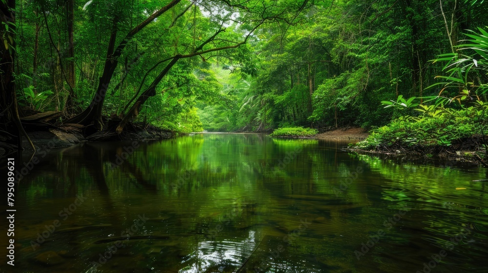 A tranquil river winding its way through a dense forest, the still waters reflecting the verdant foliage that lines its banks. A tranquil river winding its way through a dense forest, the still waters reflecting the verdant foliage that lines its banks.