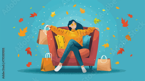 Young Asian woman in armchair with shopping bags and