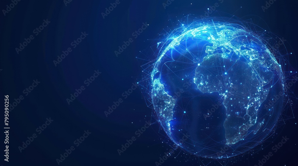Obraz premium Futuristic globe with abstract connected lines and blue neon color isolated on dark background