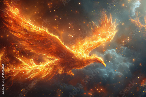 The phoenix rises from the ashes, with its wings spread wide and glowing golden feathers shining brightly against an epic background. Created with Ai photo