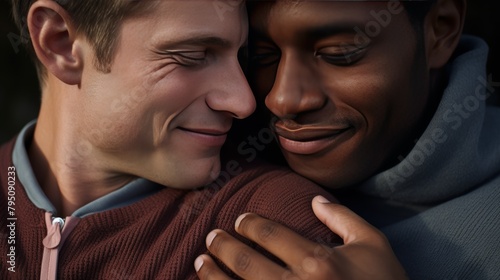 Close-up photo of two male friends embracing, their bond evident in their affectionate gesture,