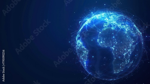 Futuristic globe with abstract connected lines and blue neon color isolated on dark background