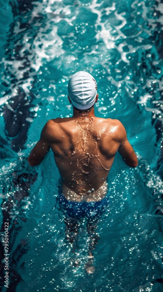 A man in a swim cap swimming through the water, AI