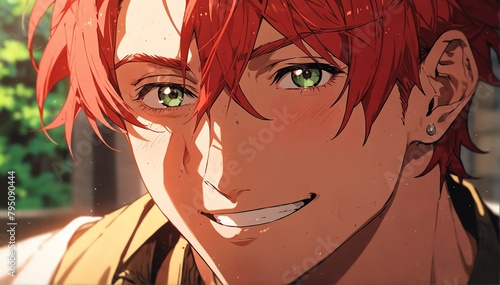 handsome anime red hair mature guy smiling close-up portrait from Generative AI