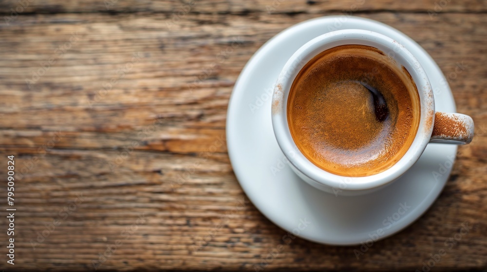 Coffee in white cup on wooden table in cafe