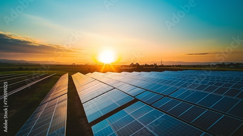 View of solar panels solar cell with sunlight, solar panels power plant. Photovoltaic solar panels at sunrise