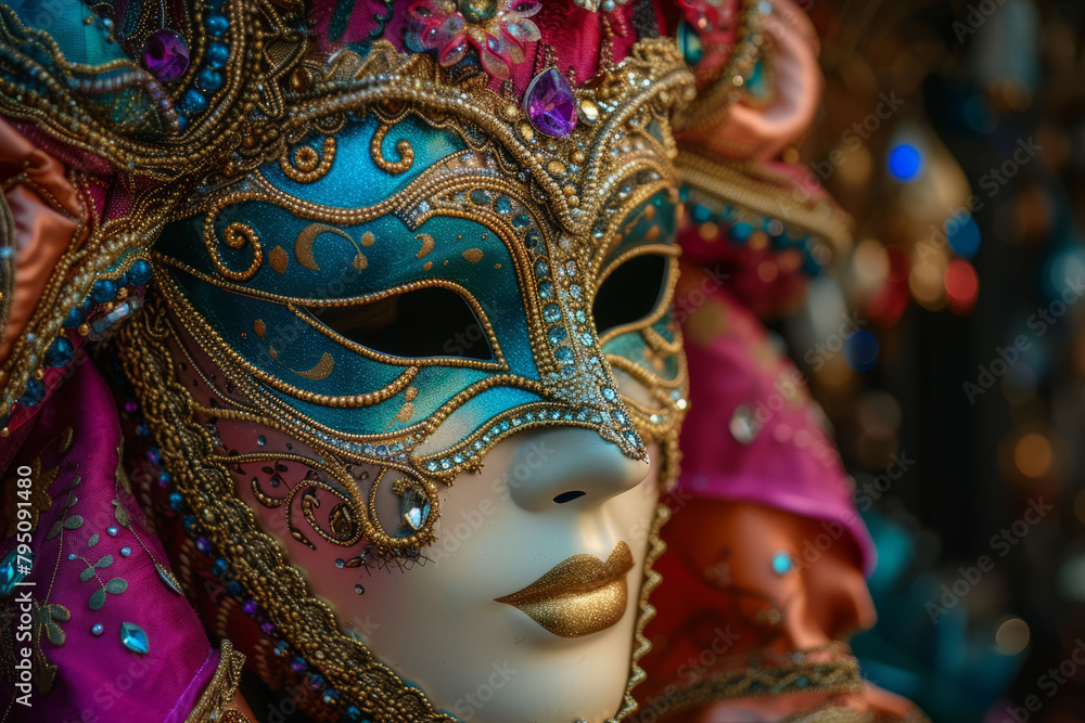 A carnival mask adorned with elaborate gemstones and glittering embellishments, captured in soft, diffused lighting to accentuate its luxurious textures and vibrant hues.