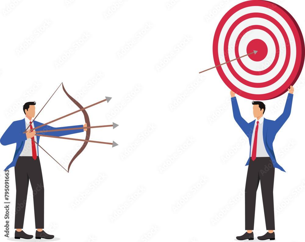 The businessman completes his personal business goal, and the businessman completes the installation of the bullseye that hits the arrow The businessman completes his personal business goal, and the businessman completes the installation of the bullseye that hits the arrow