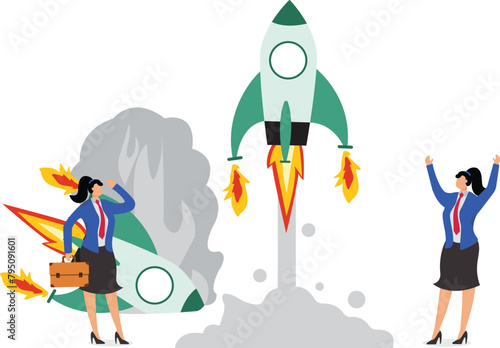 The success and failure of the new project startup, the businesswoman successfully launched the rocket, and the rocket launched by another businesswoman failed and crashed
