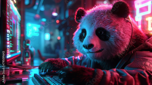 Futuristic cyberpunk panda using computer in neon-lit room, symbolizing unique digital art.