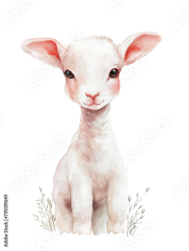 Ai Generated Art Watercolor Portrait Of Adorable Childish Lamb Sheep in Pastel Colors Isolated On White Background