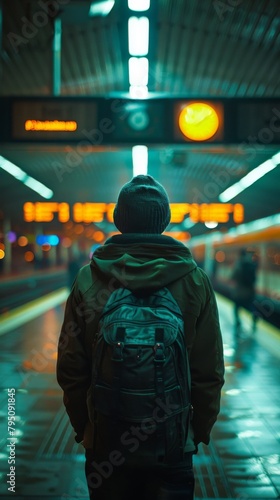 A man with a backpack standing in the middle of an empty train station, AI