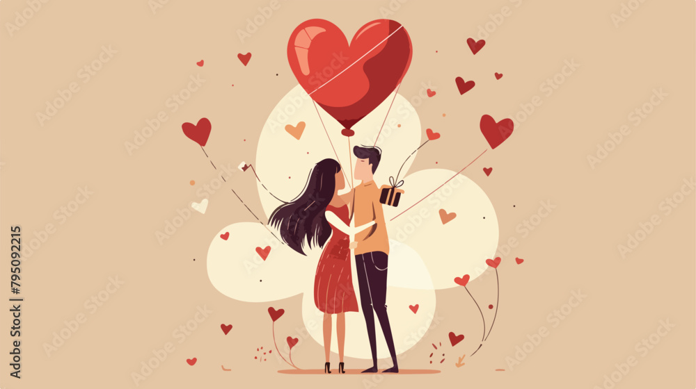 Young couple with air balloon in shape of heart and g