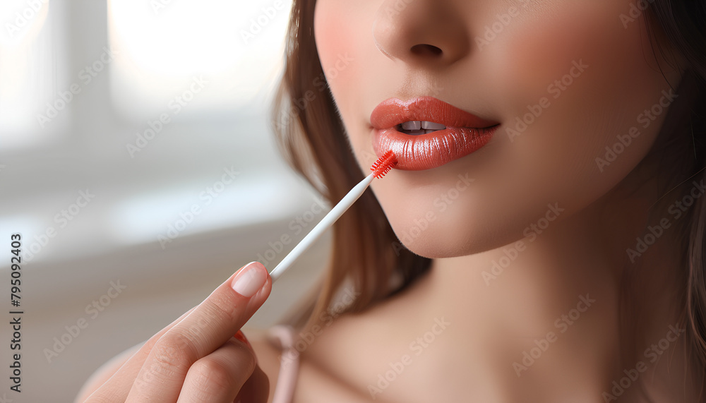 Young woman applying lipgloss on light background, closeup