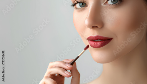 Young woman applying lipgloss on light background, closeup photo