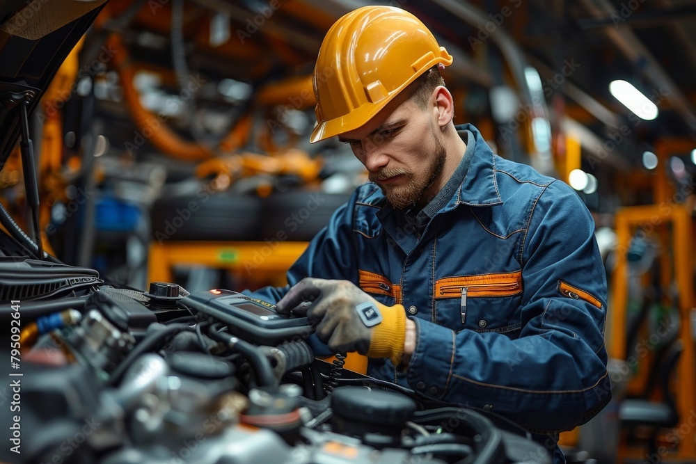 Skilled mechanic with safety helmet fine-tuning modern vehicle's engine with specialized tools, depicting expertise and maintenance Skilled mechanic with safety helmet fine-tuning modern vehicle's engine with specialized tools, depicting expertise and maintenance