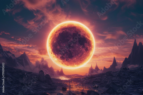 glowing full moondark solar eclipse merging in a twilight sky surrealist art 3D animation Unique
