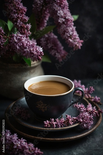 Clay Coffee Cup on Saucer with Lilac Bouquet on Dark Background
