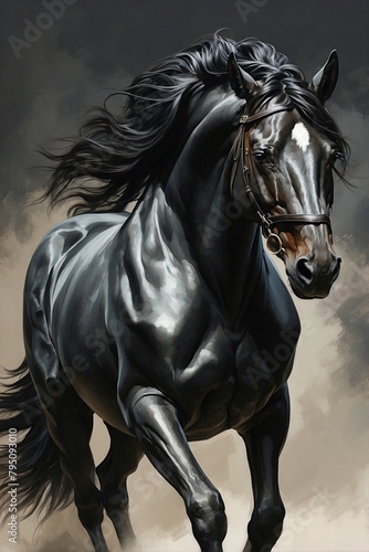 Close-up of Black Horse with Shiny Long Mane