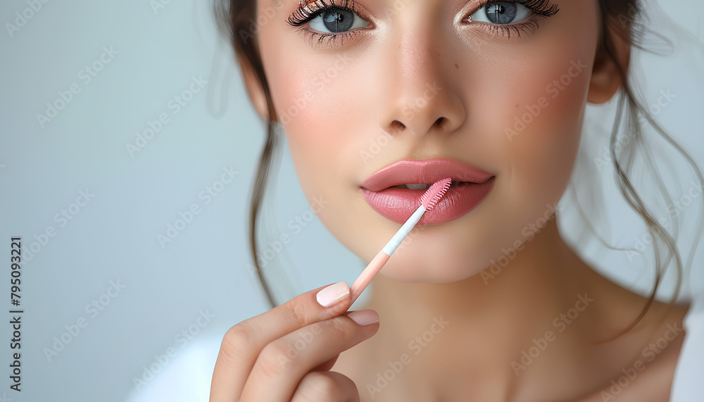 Young woman applying lipgloss on light background, closeup Young woman applying lipgloss on light background, closeup