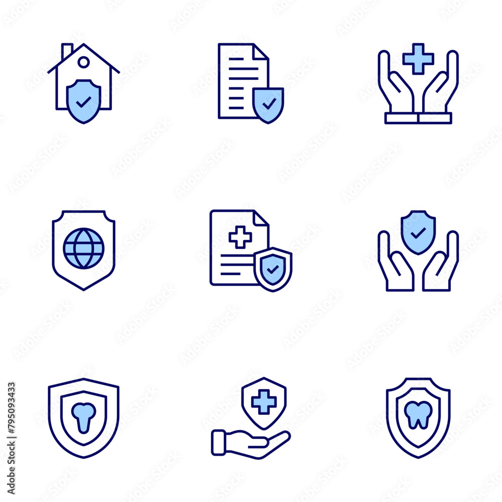 Insurance icon set. Duo tone icon collection. Editable stroke, check mark, dental insurance, global protection, hand, hands, health insurance, healthcare, home.